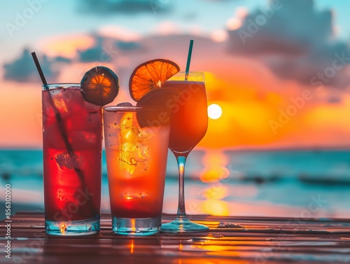 Two refreshing cocktails on a wooden table with a vibrant sunset over the ocean serving as an alluring abstract background and an inviting wallpaper