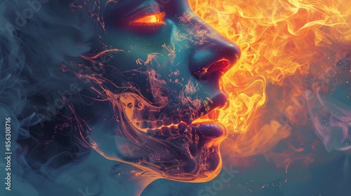 Enigmatic digital art of a surreal face melding with fire and skull elements, merging the ethereal with the infernal in stunning detail.