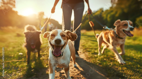 Dog walking on a leash in the park at sunset with happy pets enjoying the outdoor activity