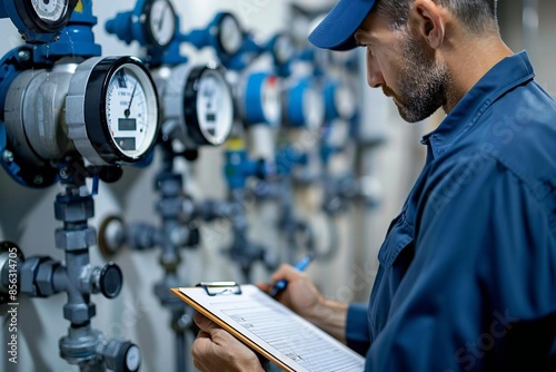 Saving Money and Ensuring Maintenance: Technician Checks Water Meter with Clipboard