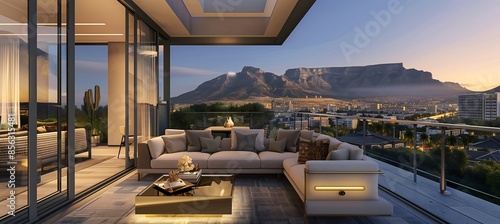 Beautiful view of Cape Town's twilight ocean view on modern luxury home showcase patio with open balcony, interior design with modern furniture, glass walls, sofas & gold coffee table.