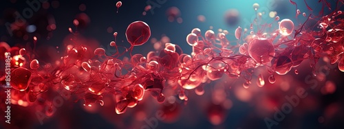 Network of red blood cells with fibers and platelets in the blood plasma.