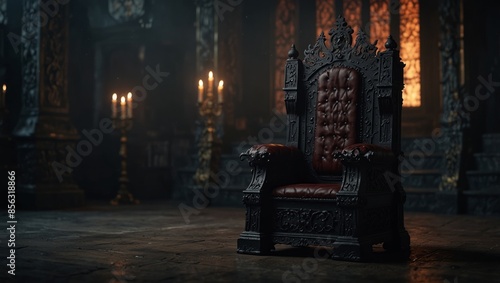 Royal throne dark Gothic throne, front view, evil and luxury, Halloween scene background.