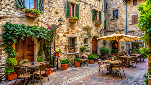 Italy, Umbria, Montone. Small intimate restaurant with outdoor seating and umbrellas.