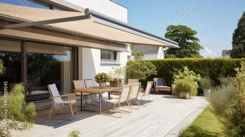 Modern retractable awning providing shade for outdoor patio furniture