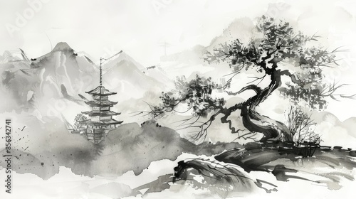 Traditional chinese landscape with pagoda building and tree. Artistic painting by ink and watercolor in sumi-e style