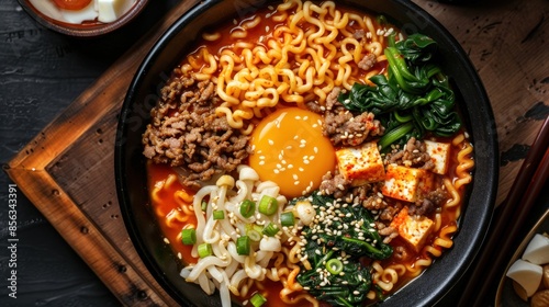 Korean style instant noodle, Shin Ramyeon with minced meat, kimchi, tofu cheese