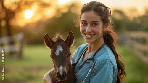 smiling female veterinarian with baby horse 