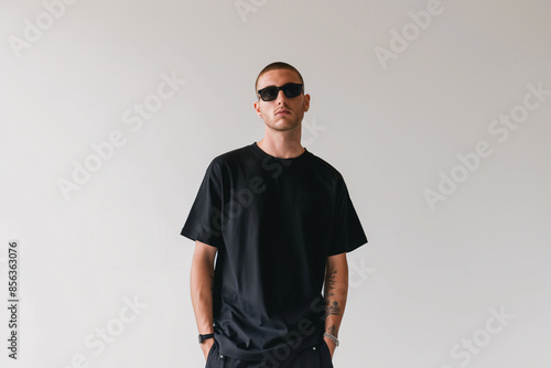 Stylish Young Man Wearing Black T-Shirt and Sunglasses Posing Against White Background