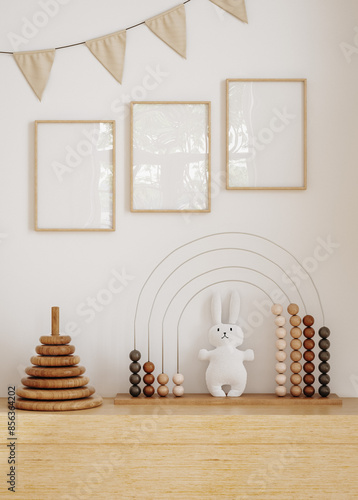 Mock up frame close up in children room with natural wooden furniture, 3D render 