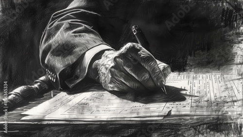 Pencil drawing of a man making notes on papers. Concept of accounting in the old days