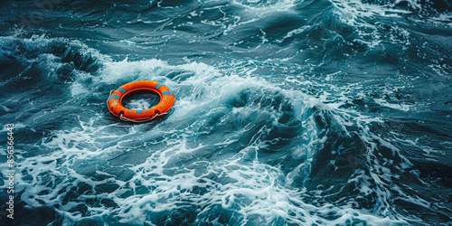 A single lifebuoy floating in stormy sea water