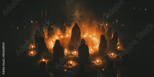 Nighttime ceremony with individuals in black robes surrounding a ring of fire