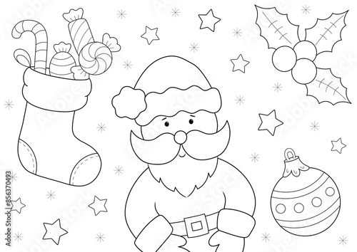 christmas a4 colouring page, santa and candy filled stocking