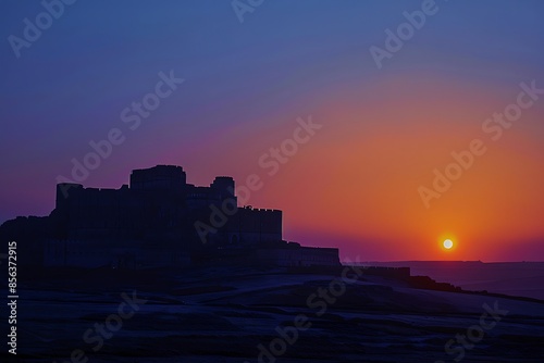 A grand fortress at the zenith of dawn, its silhouette casting long shadows over the land