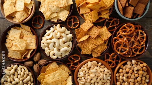 Assorted snacks pretzels crackers chips nuts and nachos