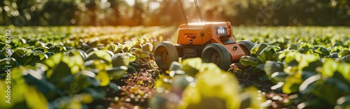 Autonomous driverless small tractor working in vegetable farm, Future 5G technology with smart agriculture farming concept. AI generated illustration