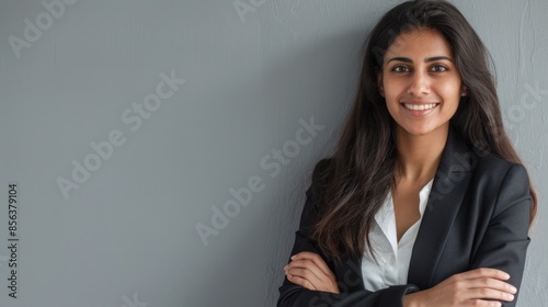 Happy Indian sales professional posing on grey studio background.