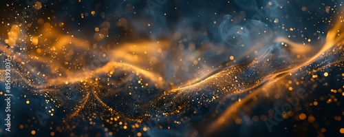 Abstract golden particles and smoke on a dark background. Digital art for fantasy and mystic concept.