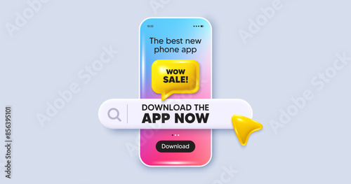 Wow Sale tag. Phone mockup screen. Download the app now. Special offer price sign. Advertising Discounts symbol. Phone download app search bar. Wow sale text message. Vector