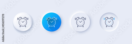 Alarm clock line icon. Neumorphic, Blue gradient, 3d pin buttons. Time or watch sign. Line icons. Neumorphic buttons with outline signs. Vector