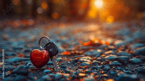 Concept for how people become emotionally attached to their cars, and what it means to be a fanatic over them. Car keys with keyring and heart icon.