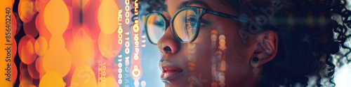 A woman in glasses stares attentively at a digital screen with data and abstract shapes, illuminated with a warm glow for a futuristic vibe