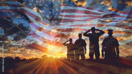 Silhouettes of soldiers saluting on background of sunset or sunrise and USA flag