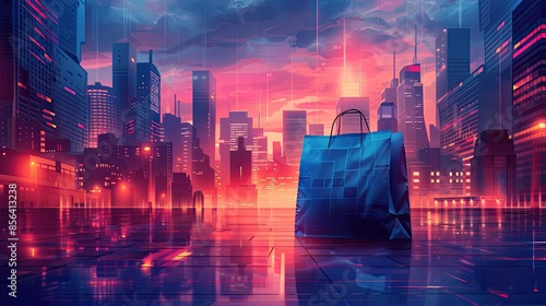 Vibrant futuristic cityscape at sunset with a shopping bag in foreground, reflecting urban life and technological advancements.