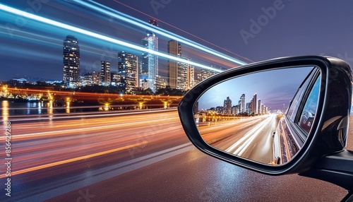 a rear view mirror reflecting a cityscape in the rear view mirror of a car on a city street at night time with lights. generative ai