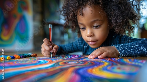 A child drawing a picture with dark, heavy colors, reflecting their inner turmoil and the expression of mental health struggles through art. Illustration, Minimalism,