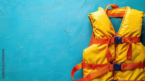 Bright Yellow Life Vest on Textured Blue Background