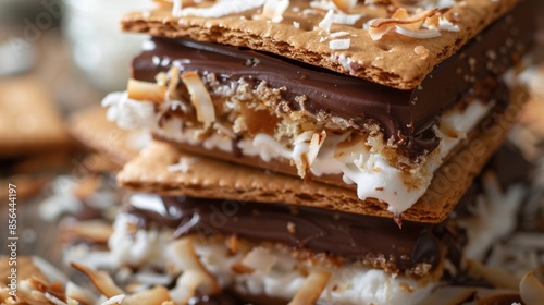 A tropical twist on the classic smore with layers of toasted coconut flakes chocolate ganache and gooey marshmallow sandwiched between graham crackers.