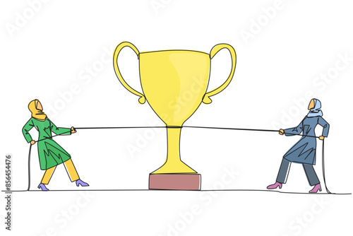 Single one line drawing two Arabian businesswomen fighting for the trophy. Fighting against the hypocritical colleague. Against betrayal. Versus. Greedy. Continuous line design graphic illustration