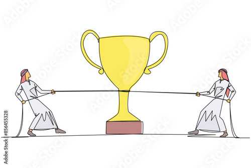 Single one line drawing two Arabian businessmen fighting for the trophy. Fighting against the hypocritical coworkers. Want to control everything. Greedy. Continuous line design graphic illustration