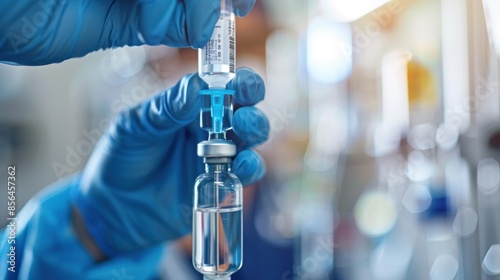 A person is holding a syringe and a bottle of liquid. The syringe is being used to inject the liquid into a patient. The scene is set in a medical environment