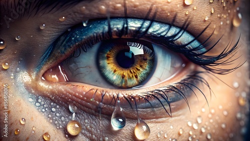 Eye With Raindrops Glistening On The Face