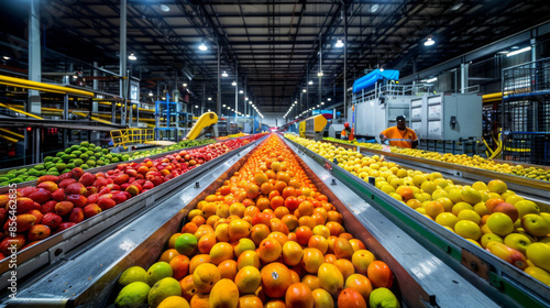 Conveyor belts filled with various fresh fruits in a large industrial warehouse, highlighting the food sorting process.