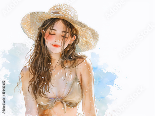 夏の強い日差しの中、麦わら帽子をかぶる美しい女性の水彩イラスト