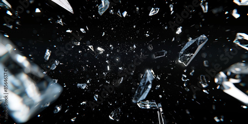 Dynamic glass texture featuring shattered pieces with bits and shards exploding in the air. Black backdrop contrasting with the fragments of broken glass pieces. Blur and bokeh motion effect.