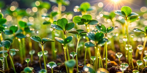 Tiny Green Seedlings Reach For The Light In A Close-Up View Of Spring Growth