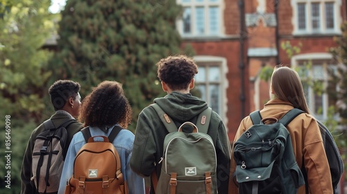 Group of five students with backpacks walking at university campus together rear view of multiethnic young people going to classes diverse college friends spending time outdoors after : Generative AI