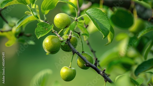 Underdeveloped small green plums on tree in spring
