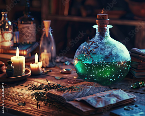 Bubbling witch's potion with green liquid, spell books, candles, and herbs on rustic table.