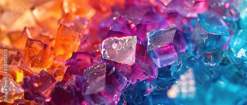 Microscopic view of salt crystals, vibrant colors, detailed texture, with copy space