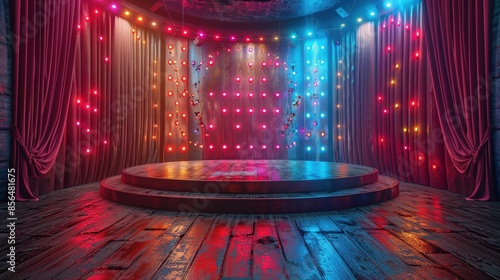 Brightly lit stage with colorful lights and wooden floor, ready for a performance. Perfect for theater or event backgrounds.