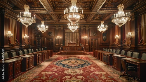City Council Chambers: A spacious room adorned with ornate chandeliers and a large seal on the carpet, featuring a dais for the mayor's throne and rows of seats for city council members