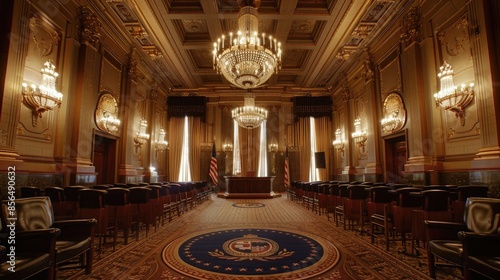 City Council Chambers: A spacious room adorned with ornate chandeliers and a large seal on the carpet, featuring a dais for the mayor's throne and rows of seats for city council members
