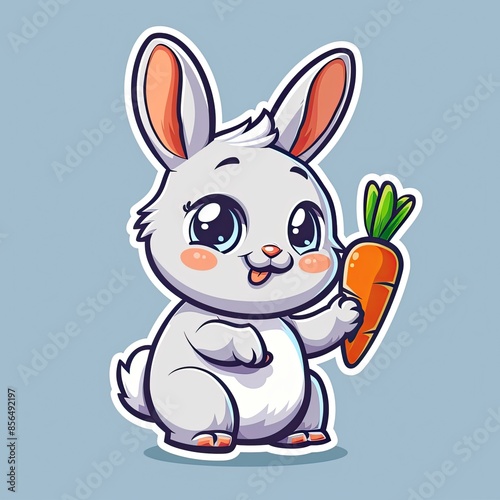 sticker of Cute bunny with floppy ears and a fluffy tail, holding a carrot