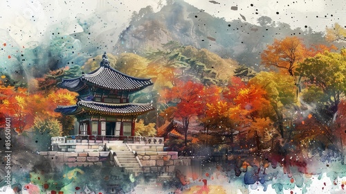 South Korean temple during autumn foliage, peaceful and colorful, digital watercolor, harmony with nature